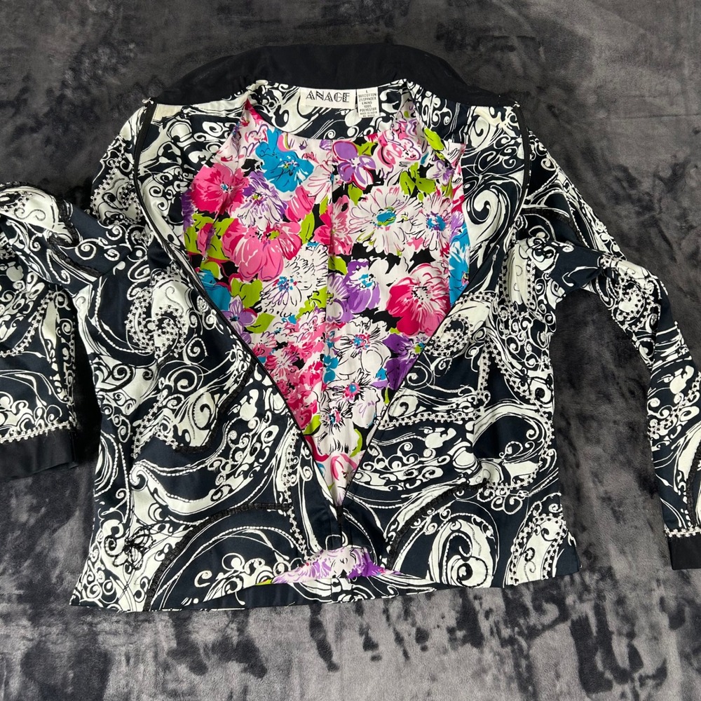 Anage Zip Front Jacket Womens Large Black White Paisley Beaded Floral Lining